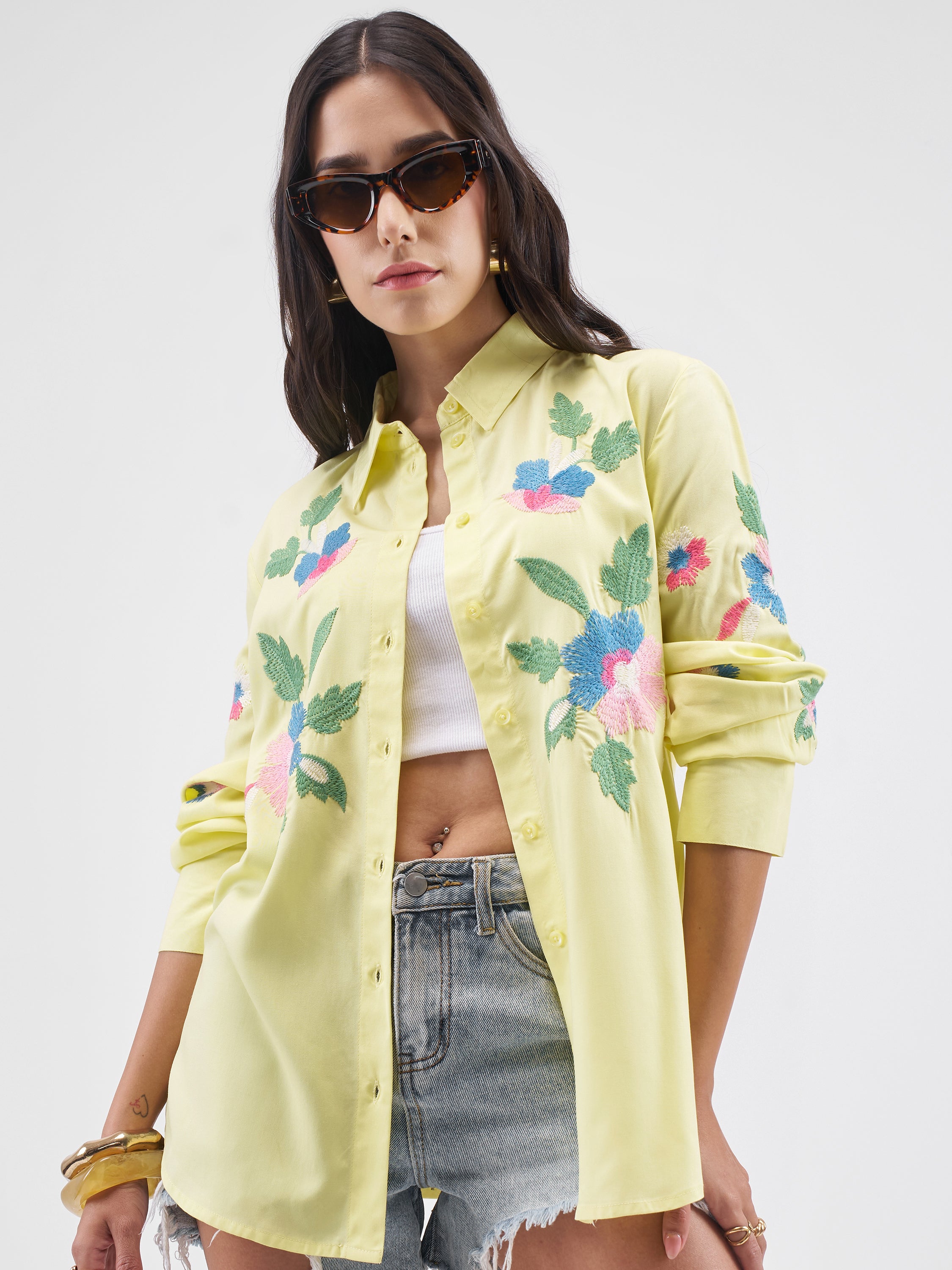 Tokyo Talkies Women Yellow Embroidered Casual Shirt - Yellow - Image 1