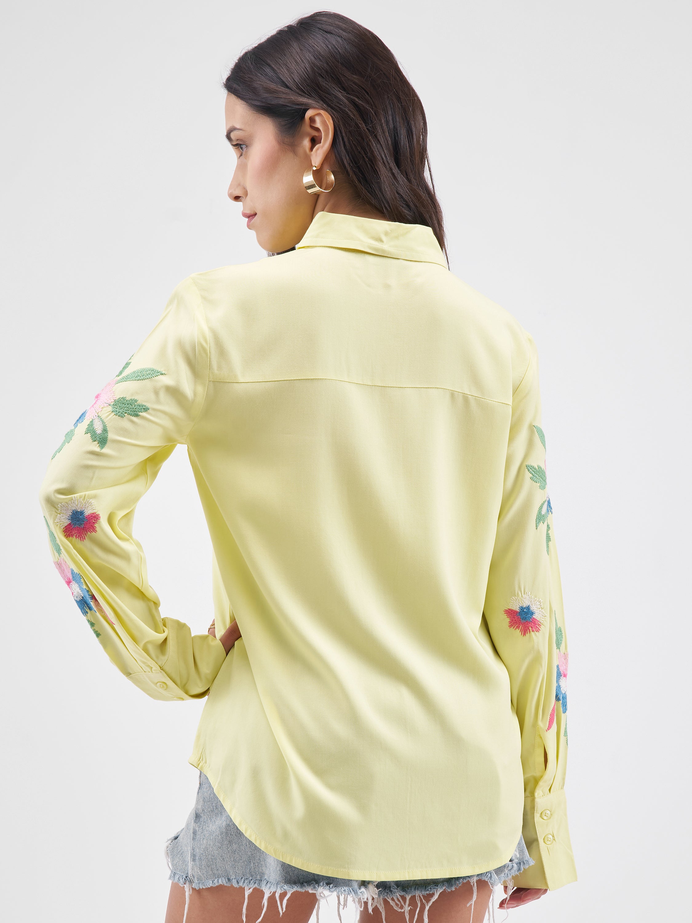 Tokyo Talkies Women Yellow Embroidered Casual Shirt - Yellow - Image 3