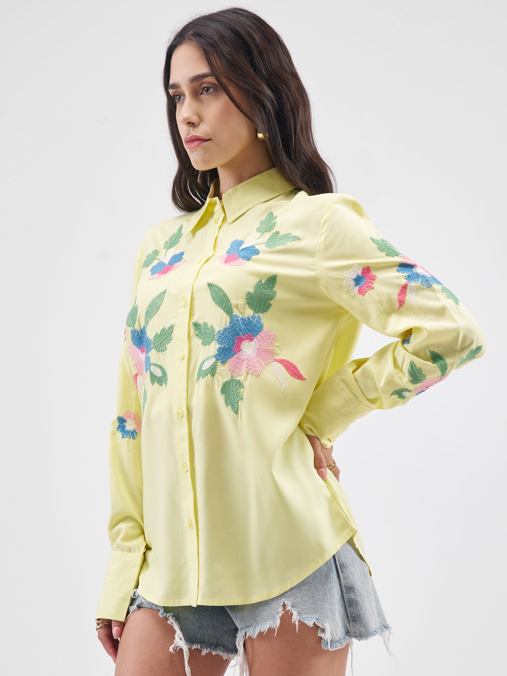 Tokyo Talkies Women Yellow Embroidered Casual Shirt - Yellow - Image 4