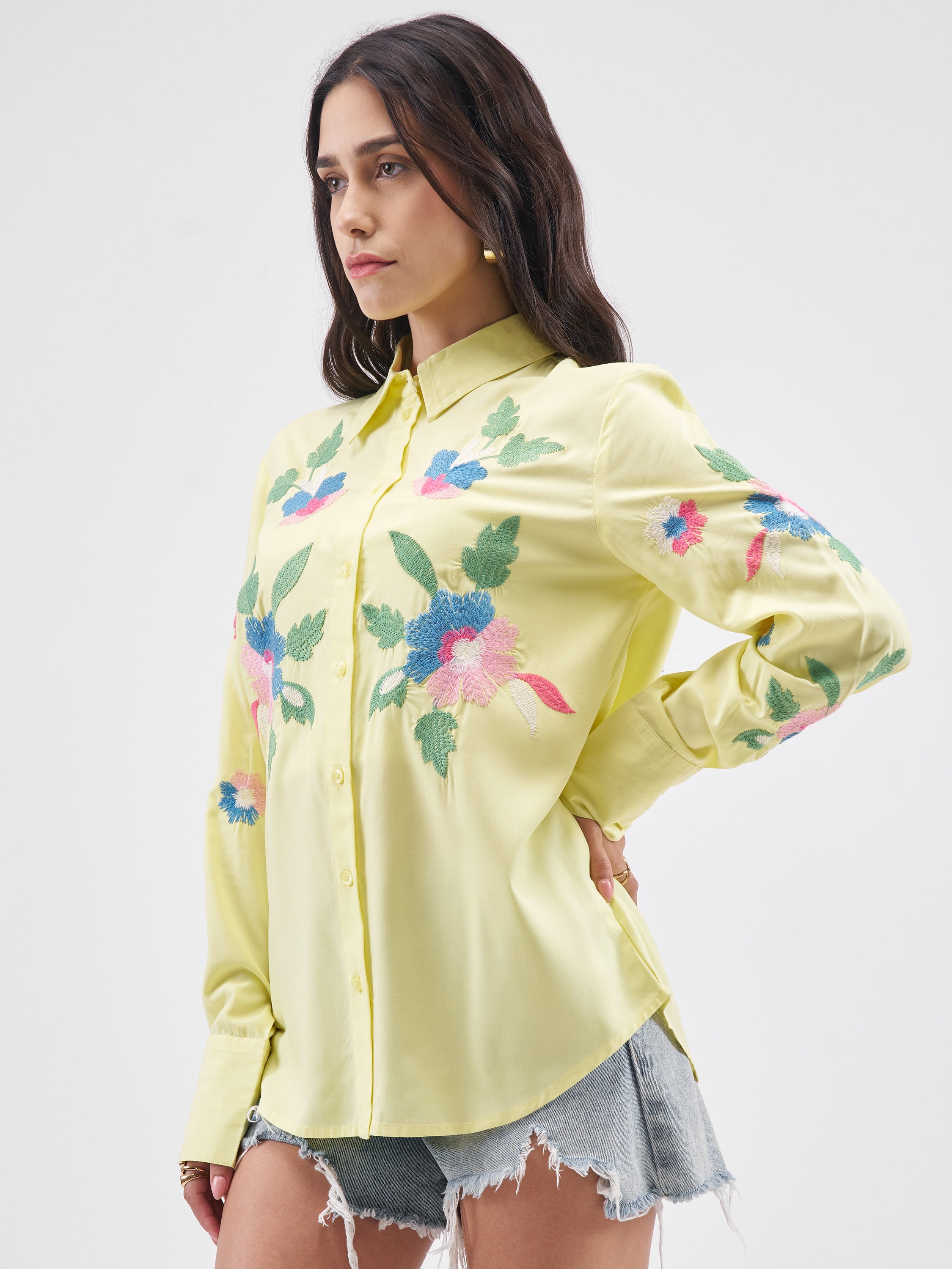 Tokyo Talkies Women Yellow Embroidered Casual Shirt - Yellow - Image 4
