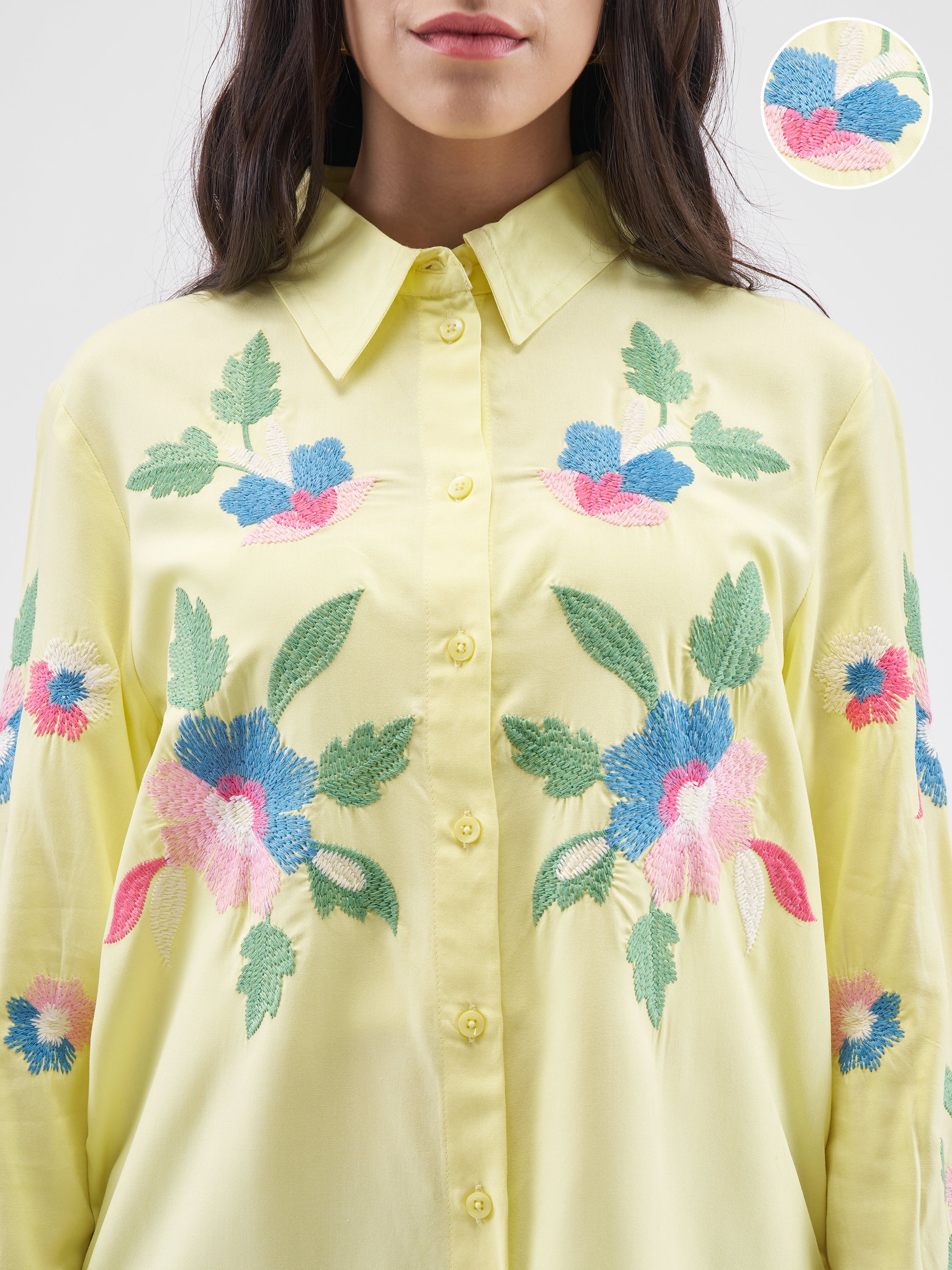 Tokyo Talkies Women Yellow Embroidered Casual Shirt - Yellow - Image 5