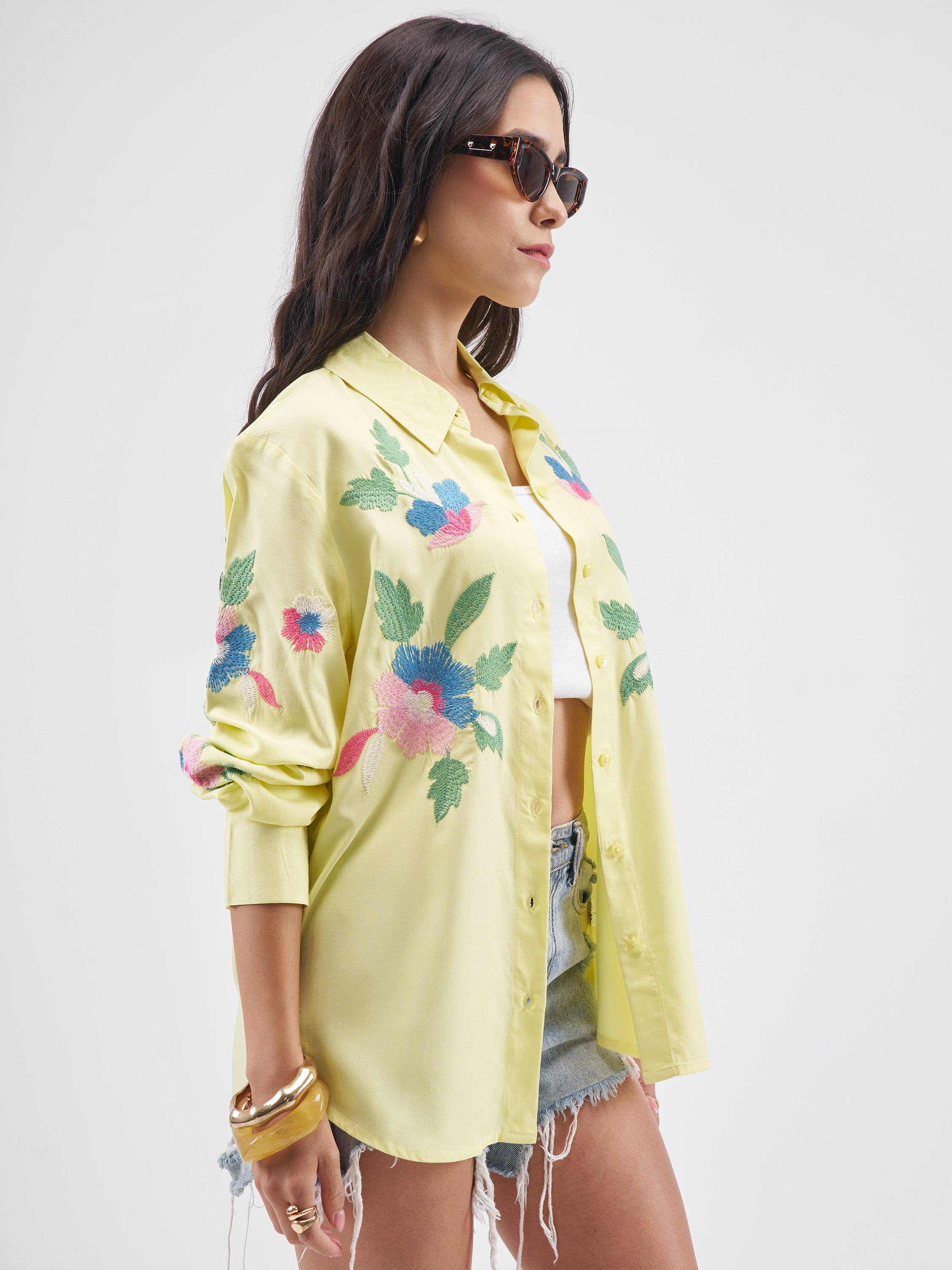 Tokyo Talkies Women Yellow Embroidered Casual Shirt - Yellow - Image 6