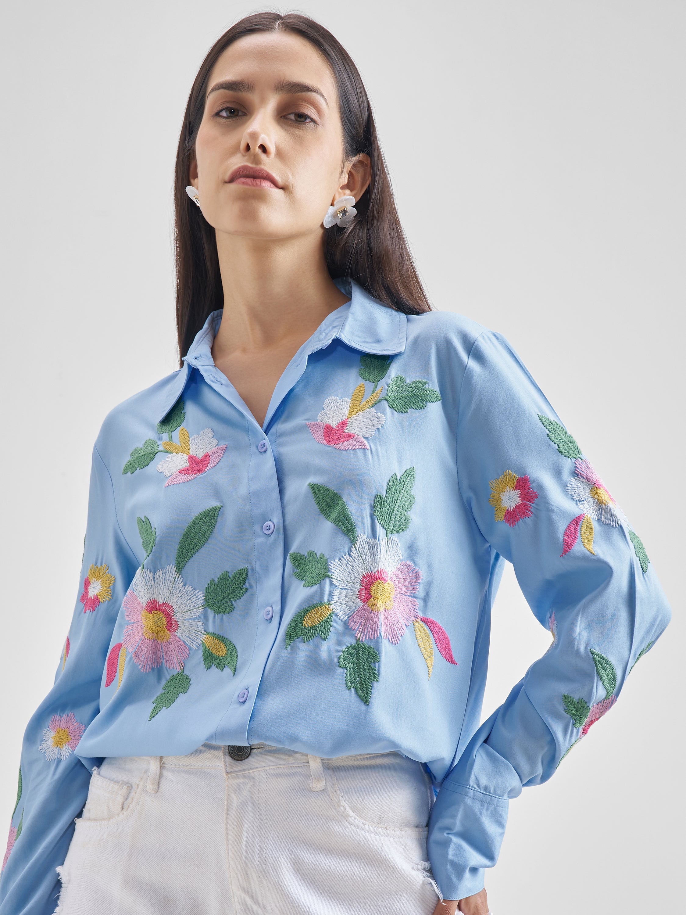ESPYR By Tokyo Talkies Women Blue Embroidered Casual Shirt - Blue - Image 1