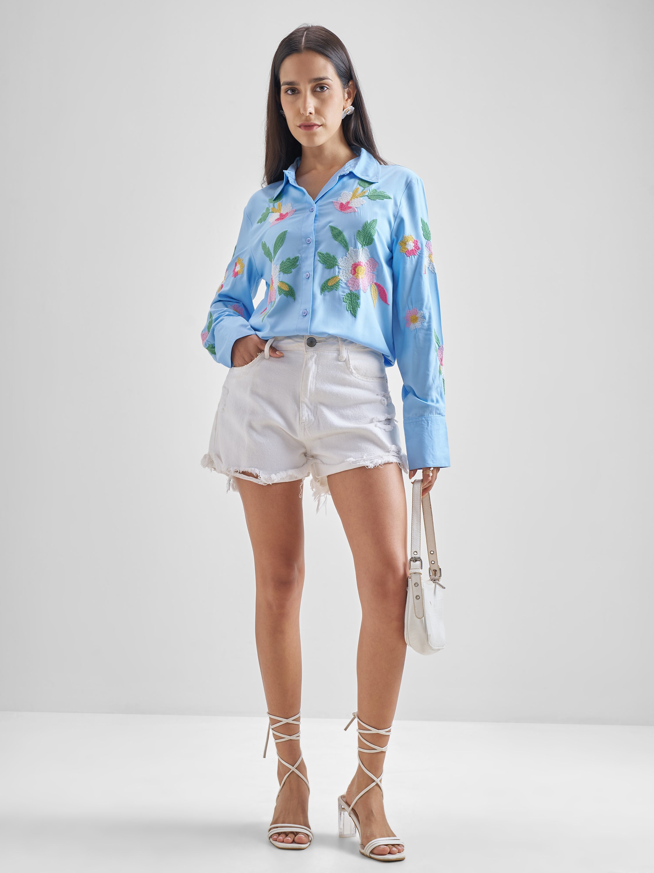 ESPYR By Tokyo Talkies Women Blue Embroidered Casual Shirt - Blue - Image 2