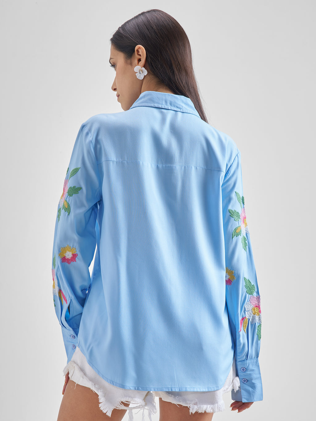 ESPYR By Tokyo Talkies Women Blue Embroidered Casual Shirt - Blue - Image 3