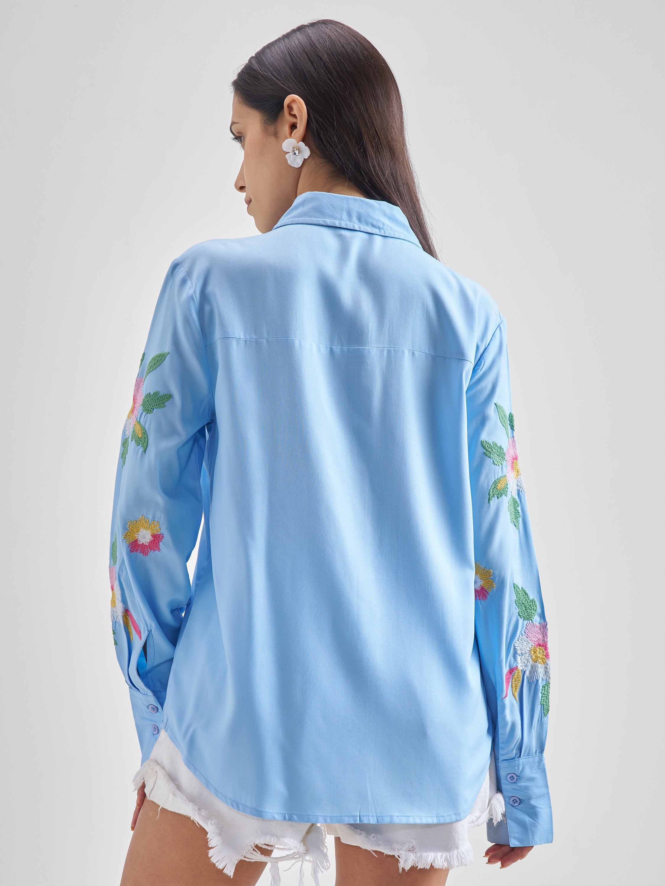 ESPYR By Tokyo Talkies Women Blue Embroidered Casual Shirt - Blue - Image 3