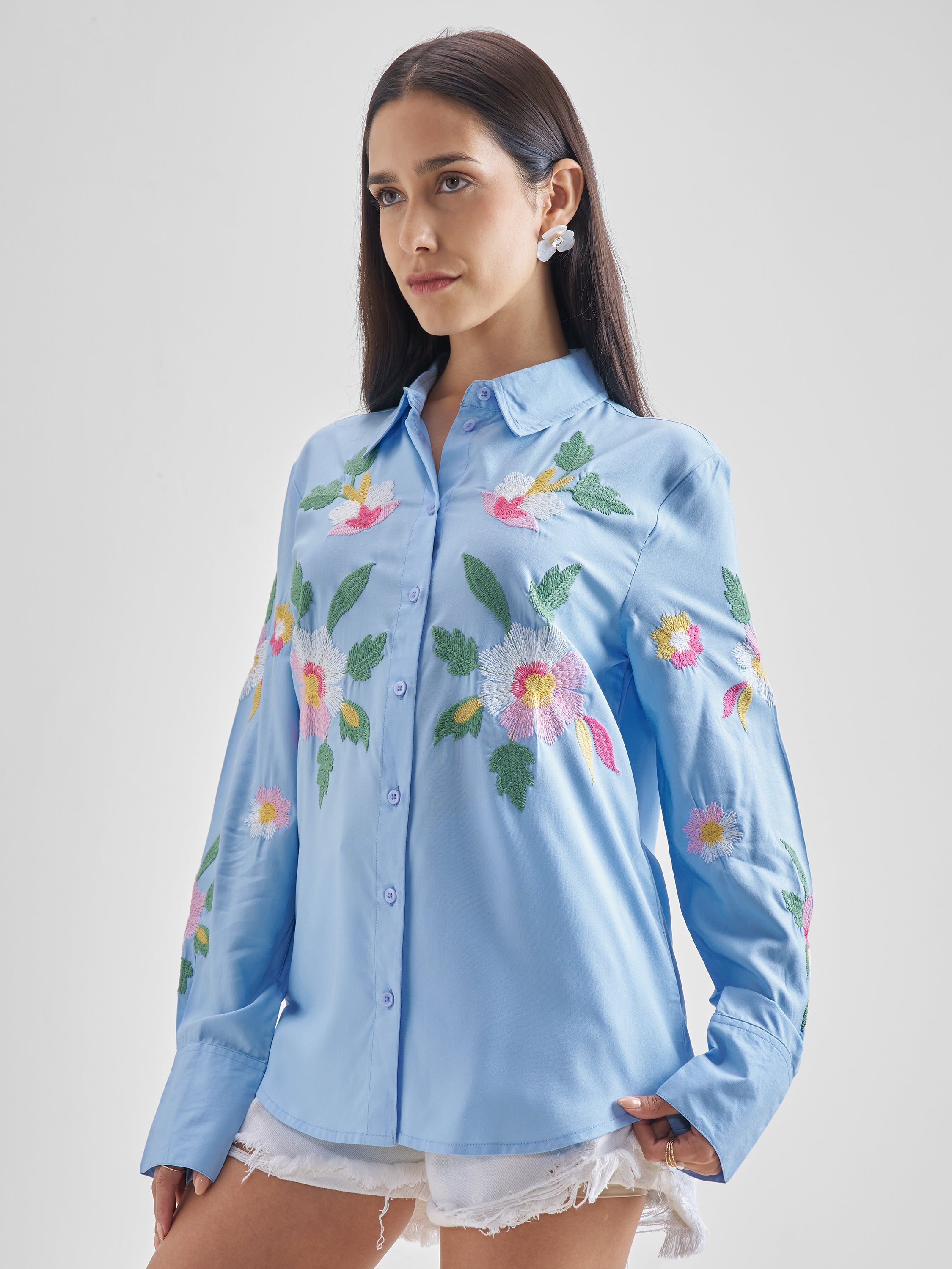 ESPYR By Tokyo Talkies Women Blue Embroidered Casual Shirt - Blue - Image 4