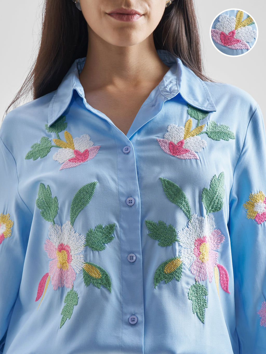 ESPYR By Tokyo Talkies Women Blue Embroidered Casual Shirt - Blue - Image 5