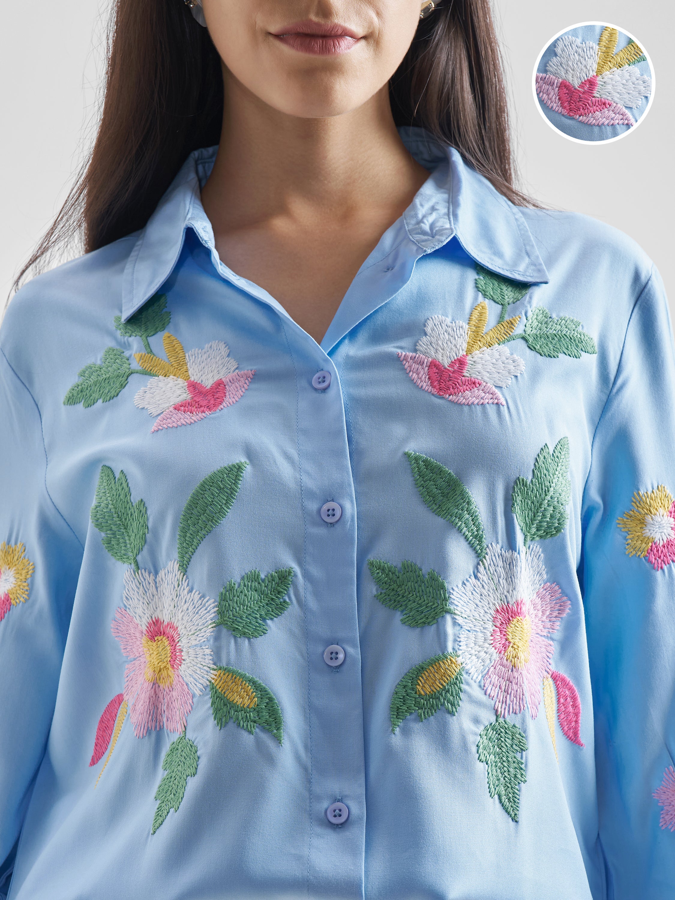 ESPYR By Tokyo Talkies Women Blue Embroidered Casual Shirt - Blue - Image 5