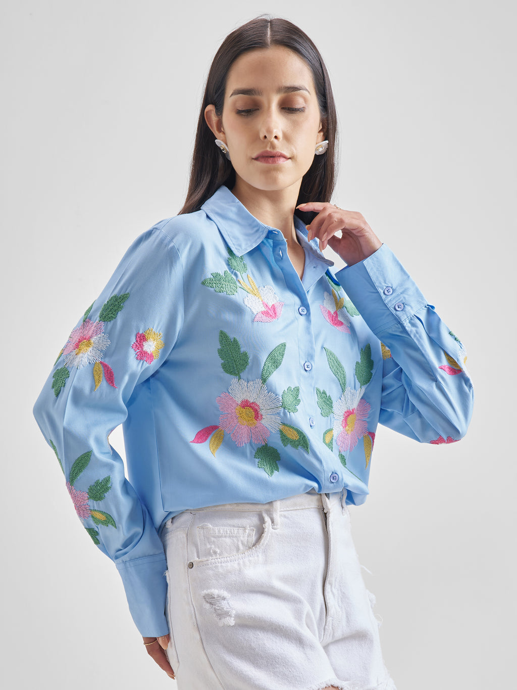 ESPYR By Tokyo Talkies Women Blue Embroidered Casual Shirt - Blue - Image 6