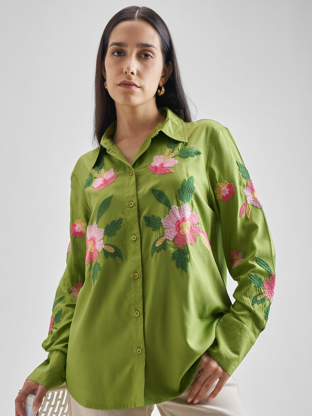 ESPYR By Tokyo Talkies Women Green Embroidered Casual Shirt - Green - Image 1