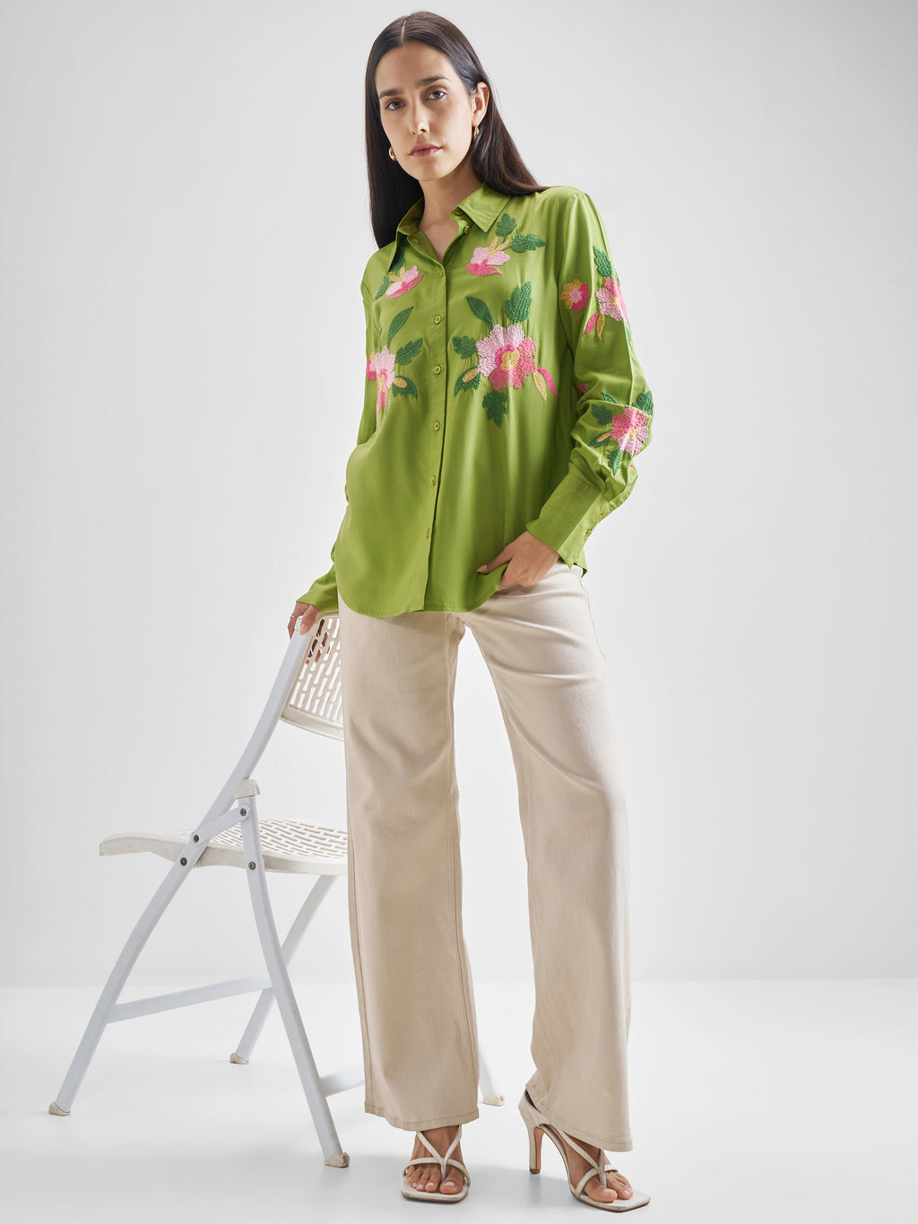 ESPYR By Tokyo Talkies Women Green Embroidered Casual Shirt - Green - Image 2