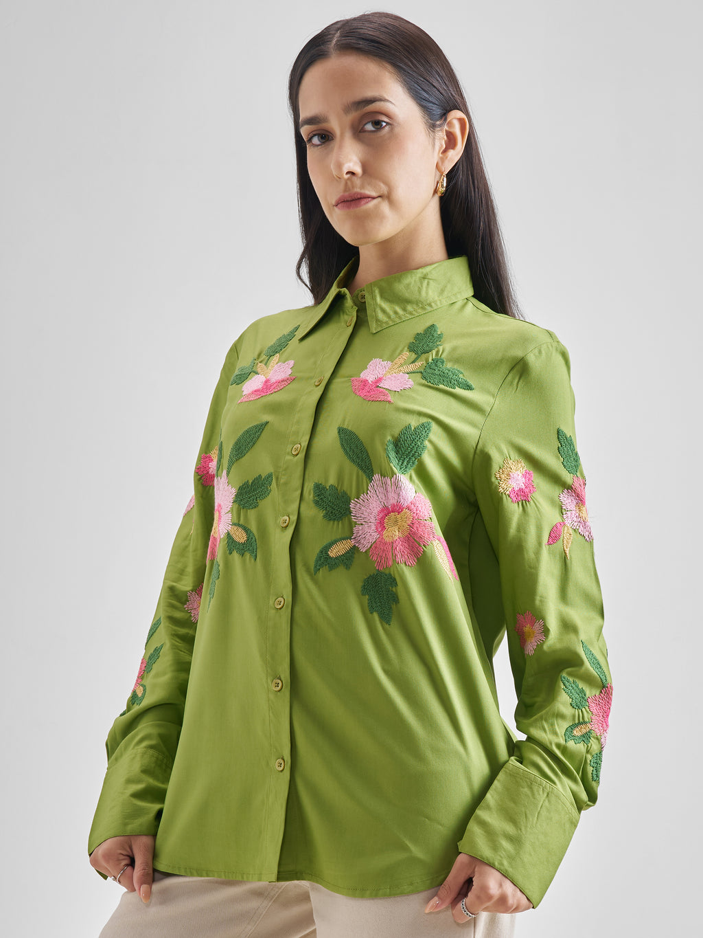 ESPYR By Tokyo Talkies Women Green Embroidered Casual Shirt - Green - Image 4