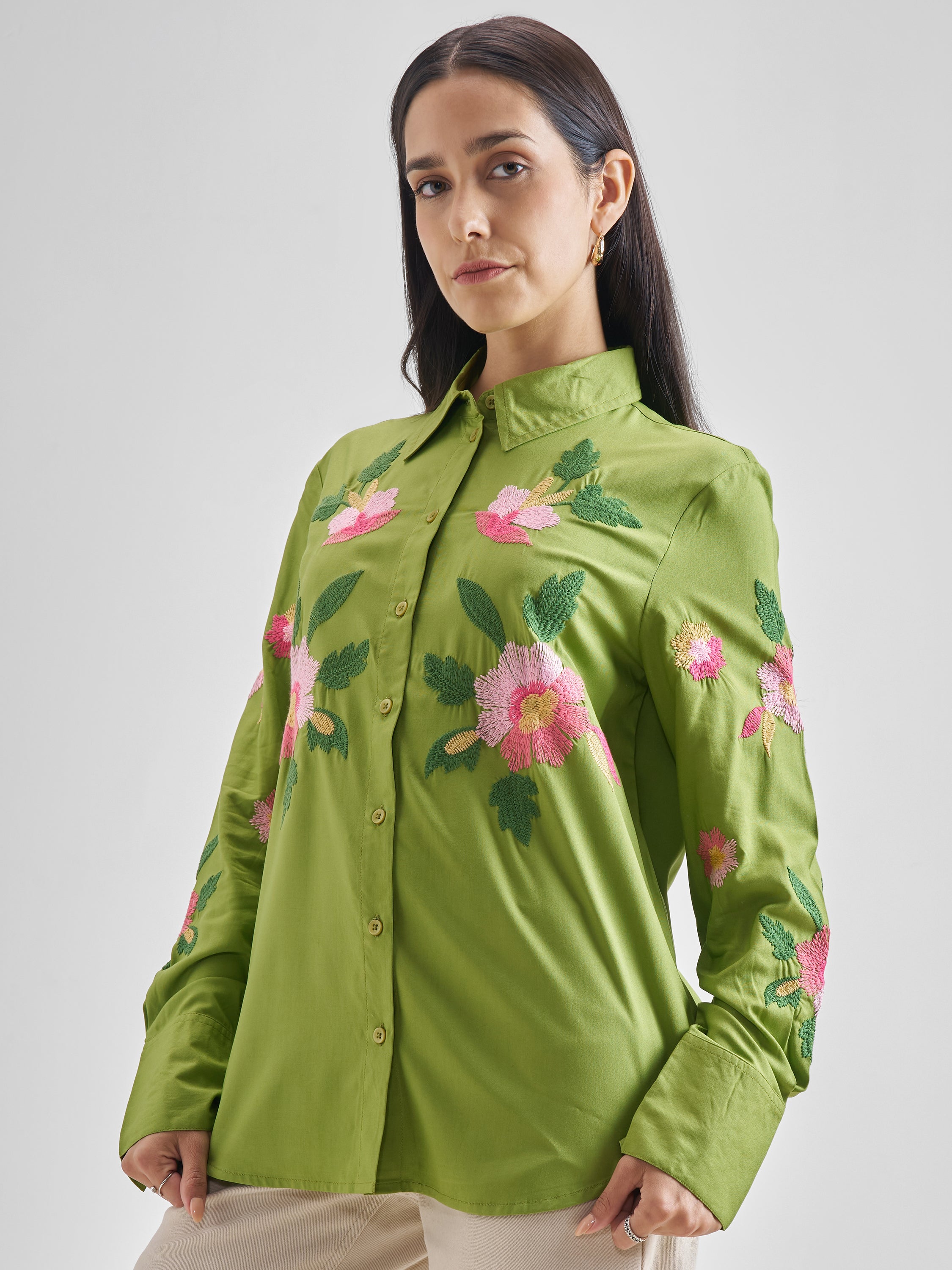 ESPYR By Tokyo Talkies Women Green Embroidered Casual Shirt - Green - Image 4