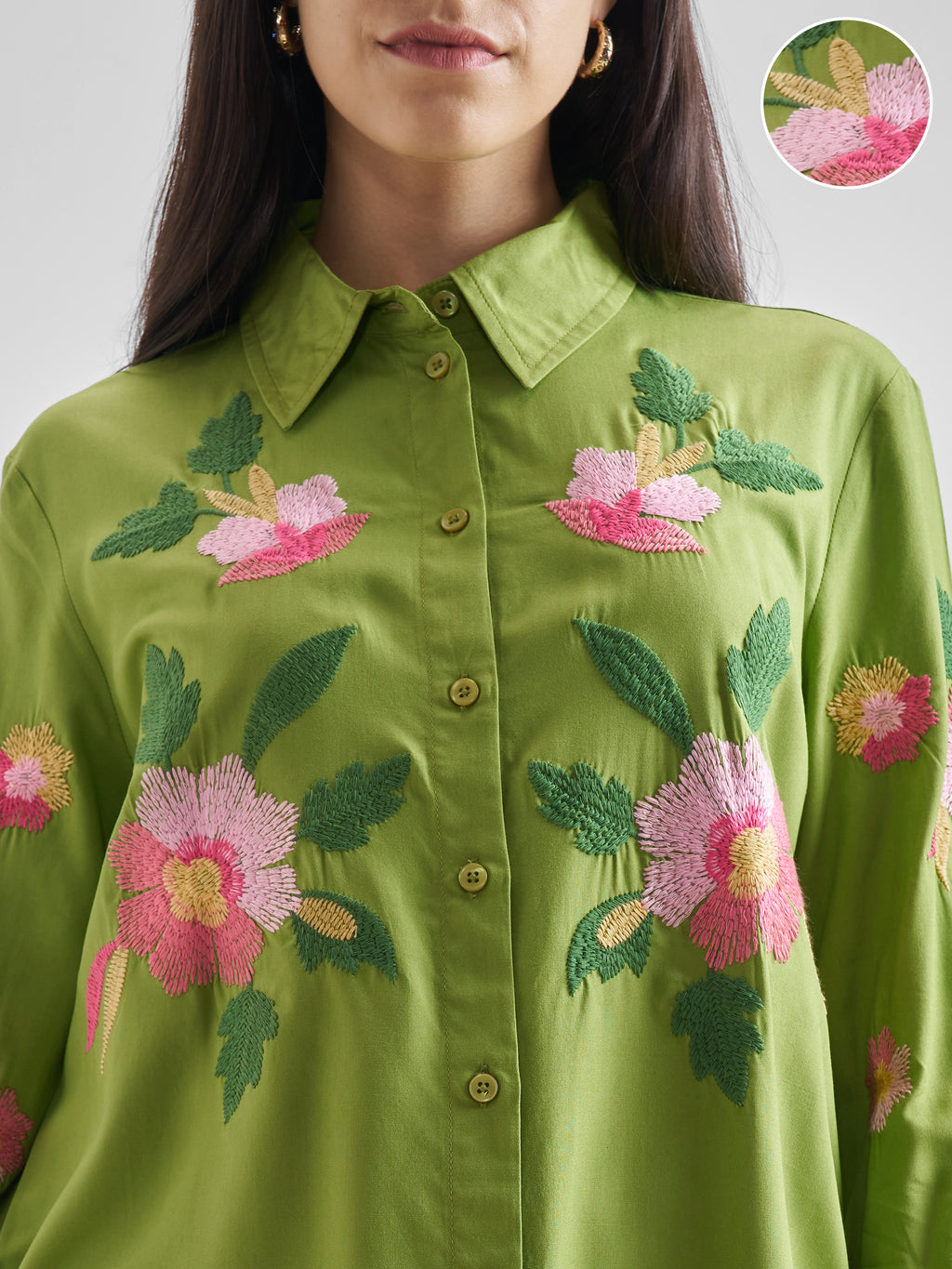 ESPYR By Tokyo Talkies Women Green Embroidered Casual Shirt - Green - Image 5