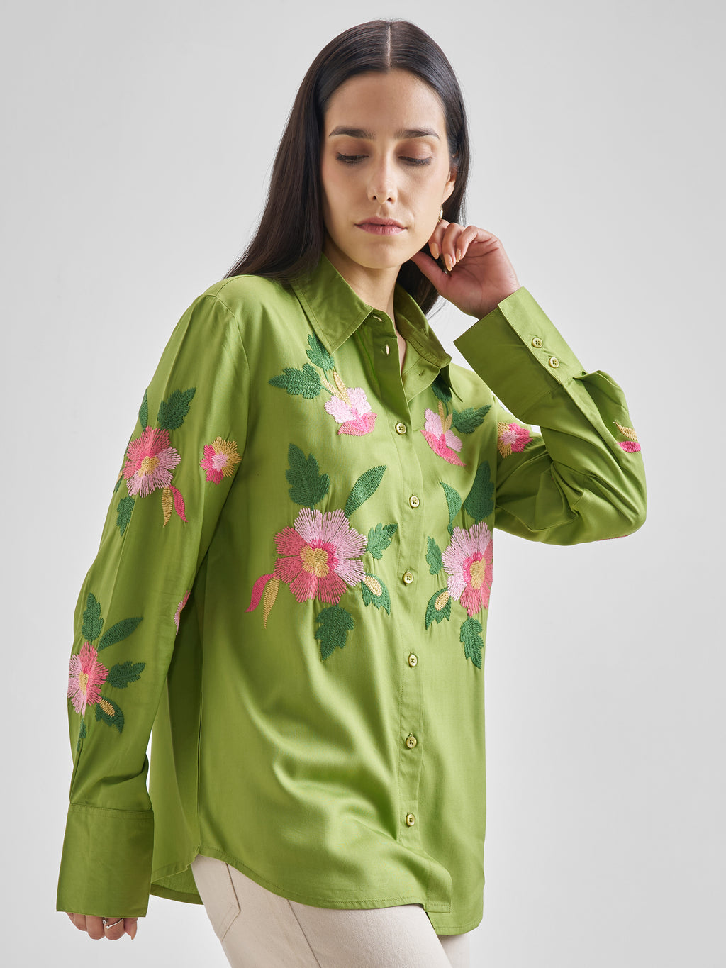 ESPYR By Tokyo Talkies Women Green Embroidered Casual Shirt - Green - Image 6