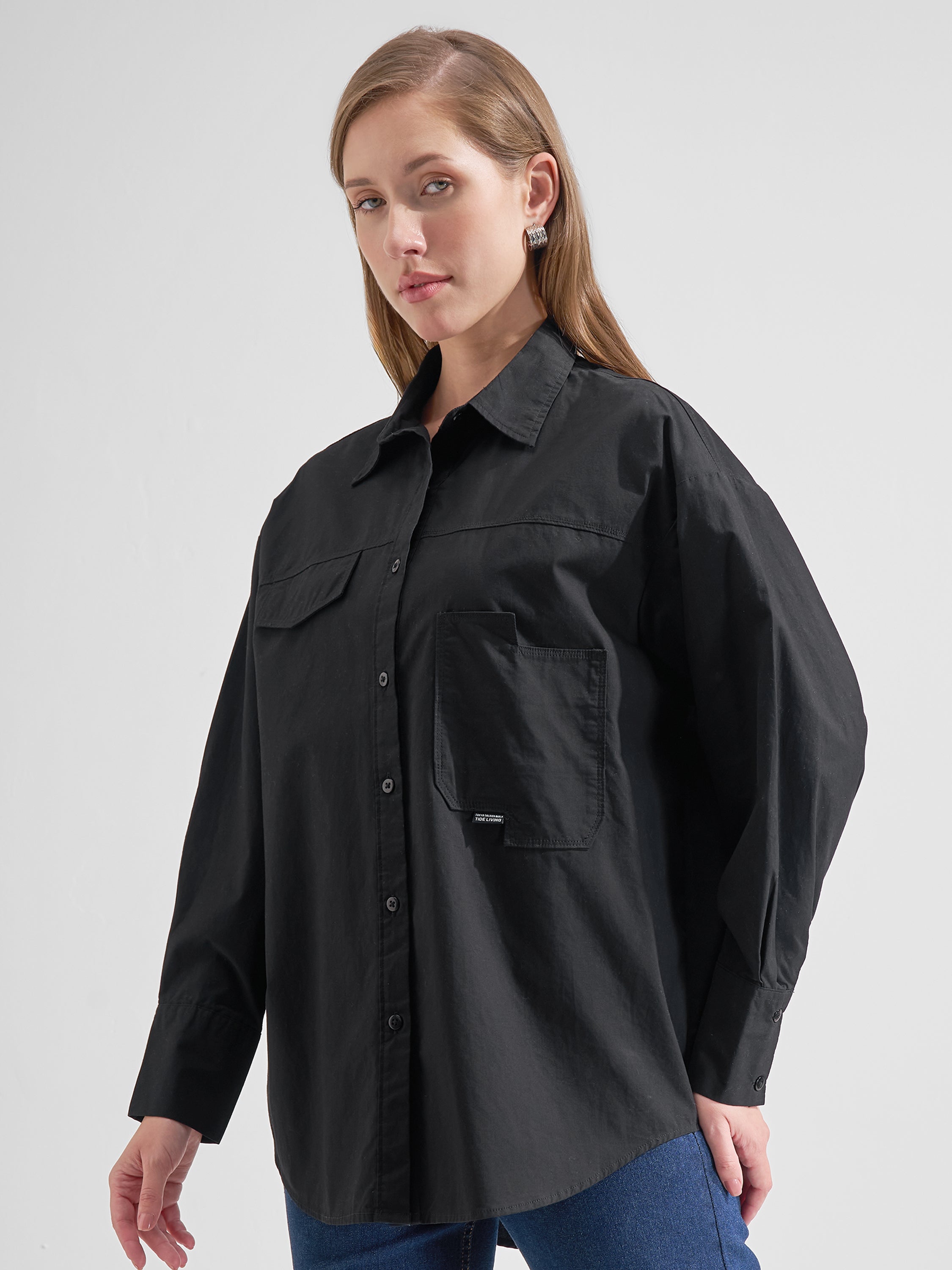 Tokyo Talkies Women Black Solid Oversized Fit Casual Shirt