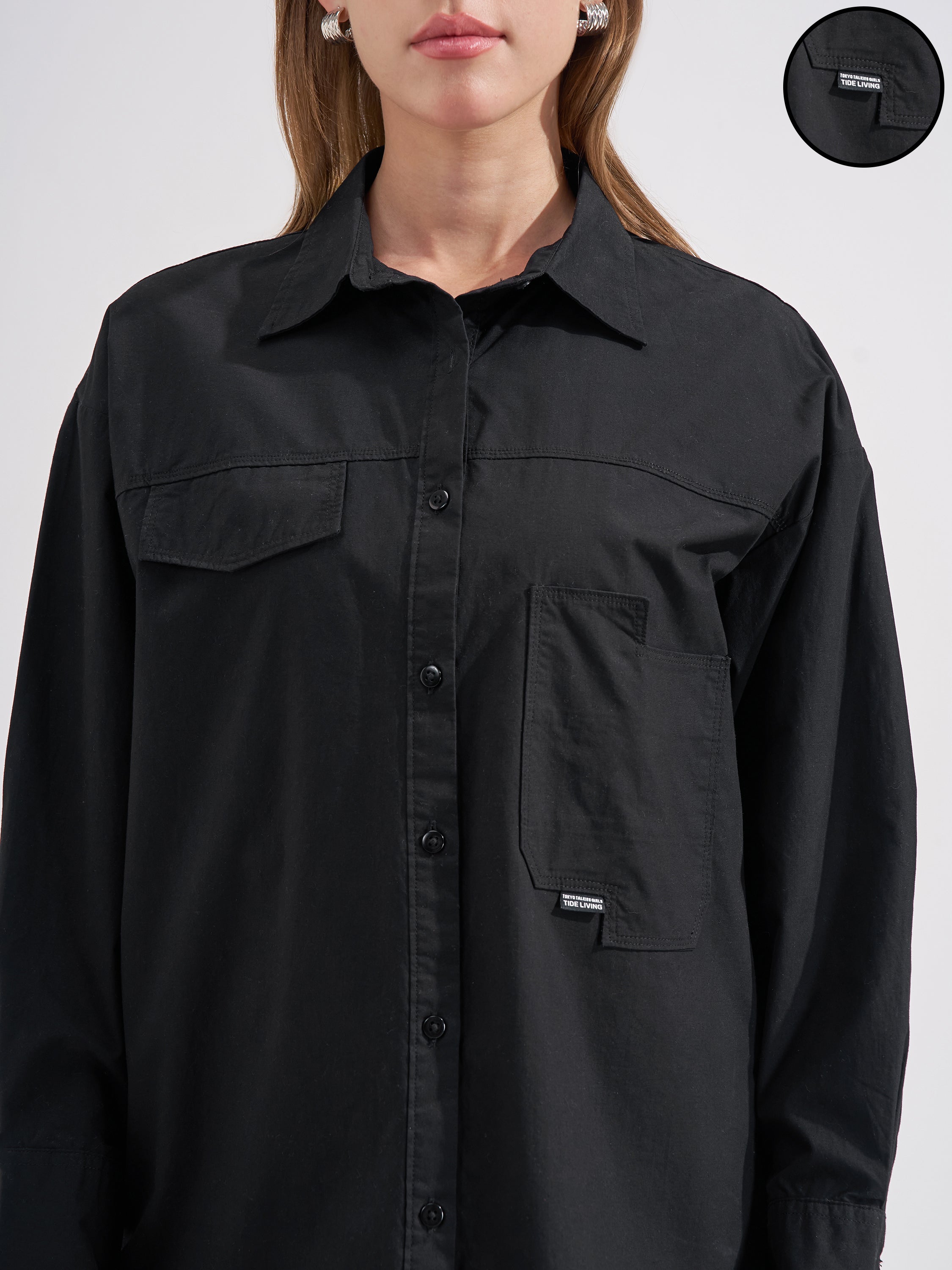 Tokyo Talkies Women Black Solid Oversized Fit Casual Shirt