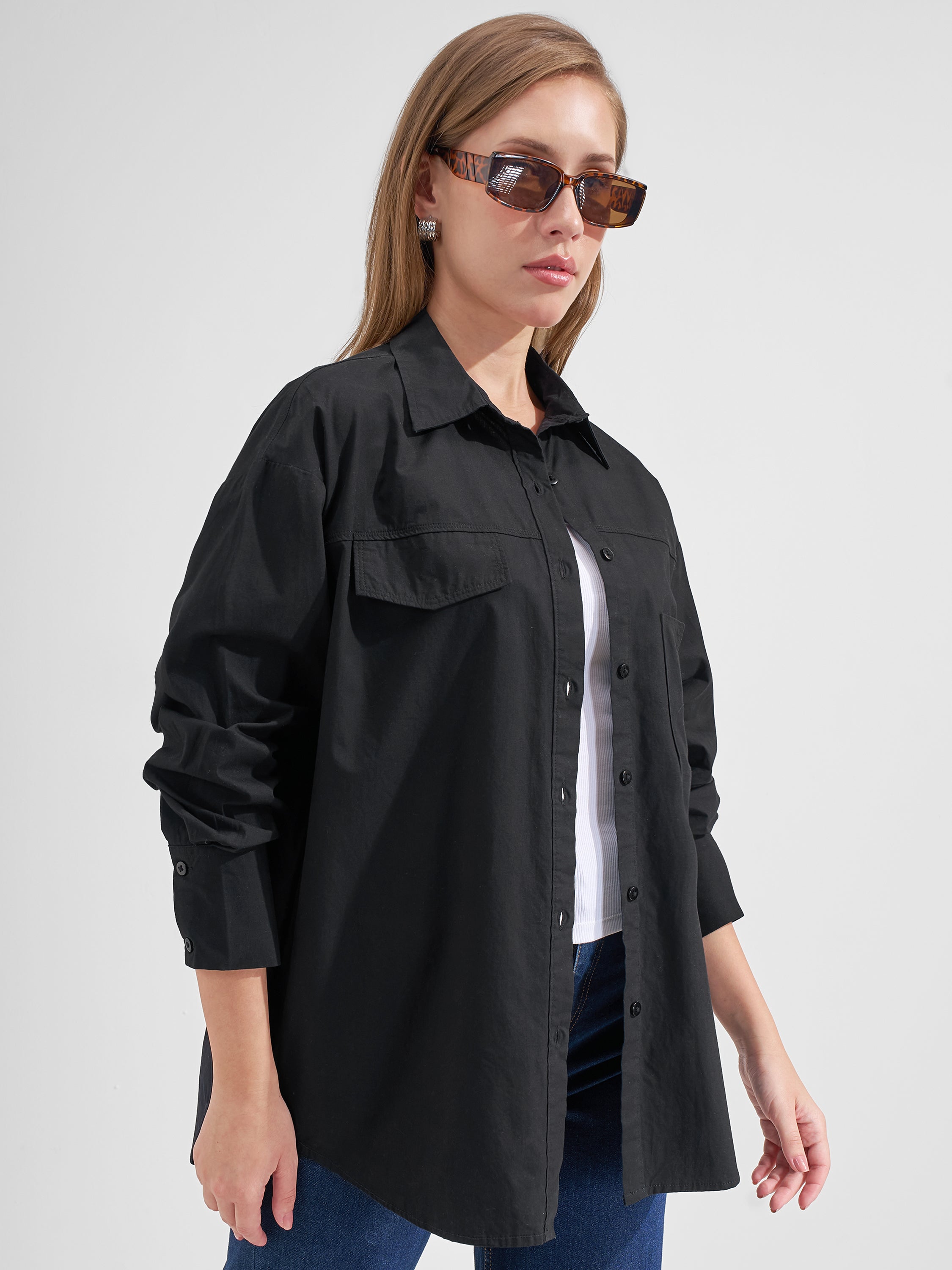 Tokyo Talkies Women Black Solid Oversized Fit Casual Shirt