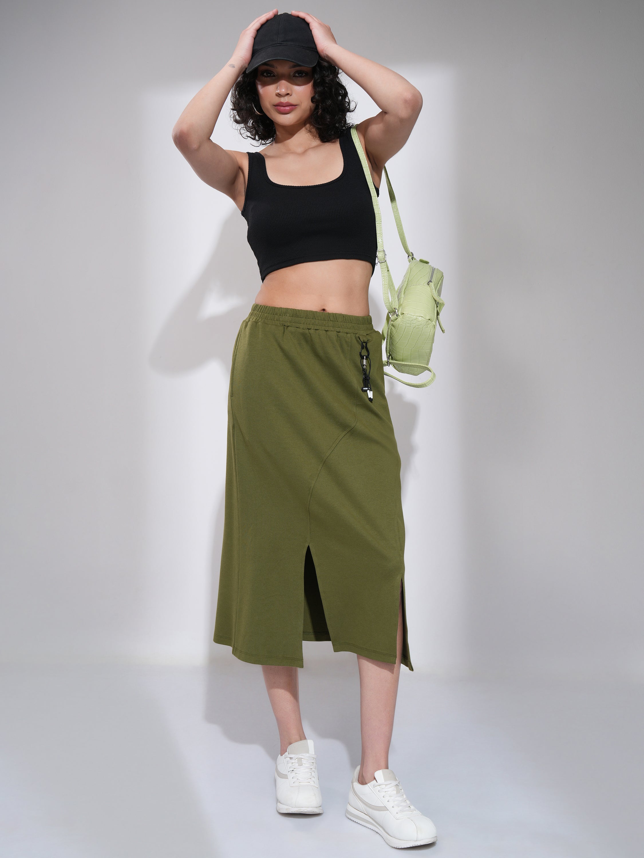 Tokyo Talkies Women Olive Midi Skirt - Olive - Image 2