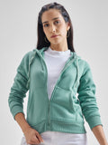 Tokyo Talkies Women Green Solid Front Open Hood Sweatshirt - Green - Image 1
