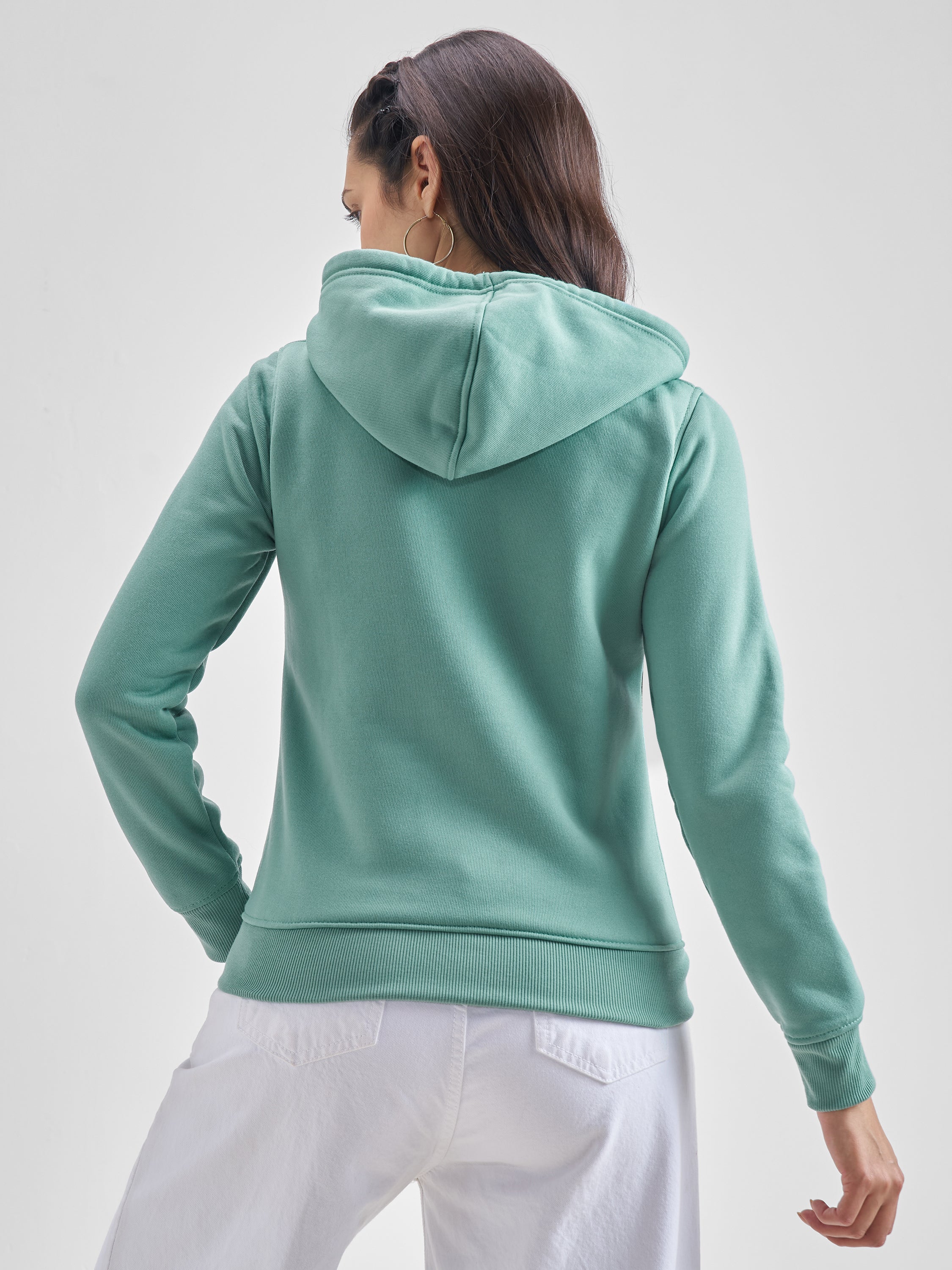 Tokyo Talkies Women Green Solid Front Open Hood Sweatshirt - Green - Image 3