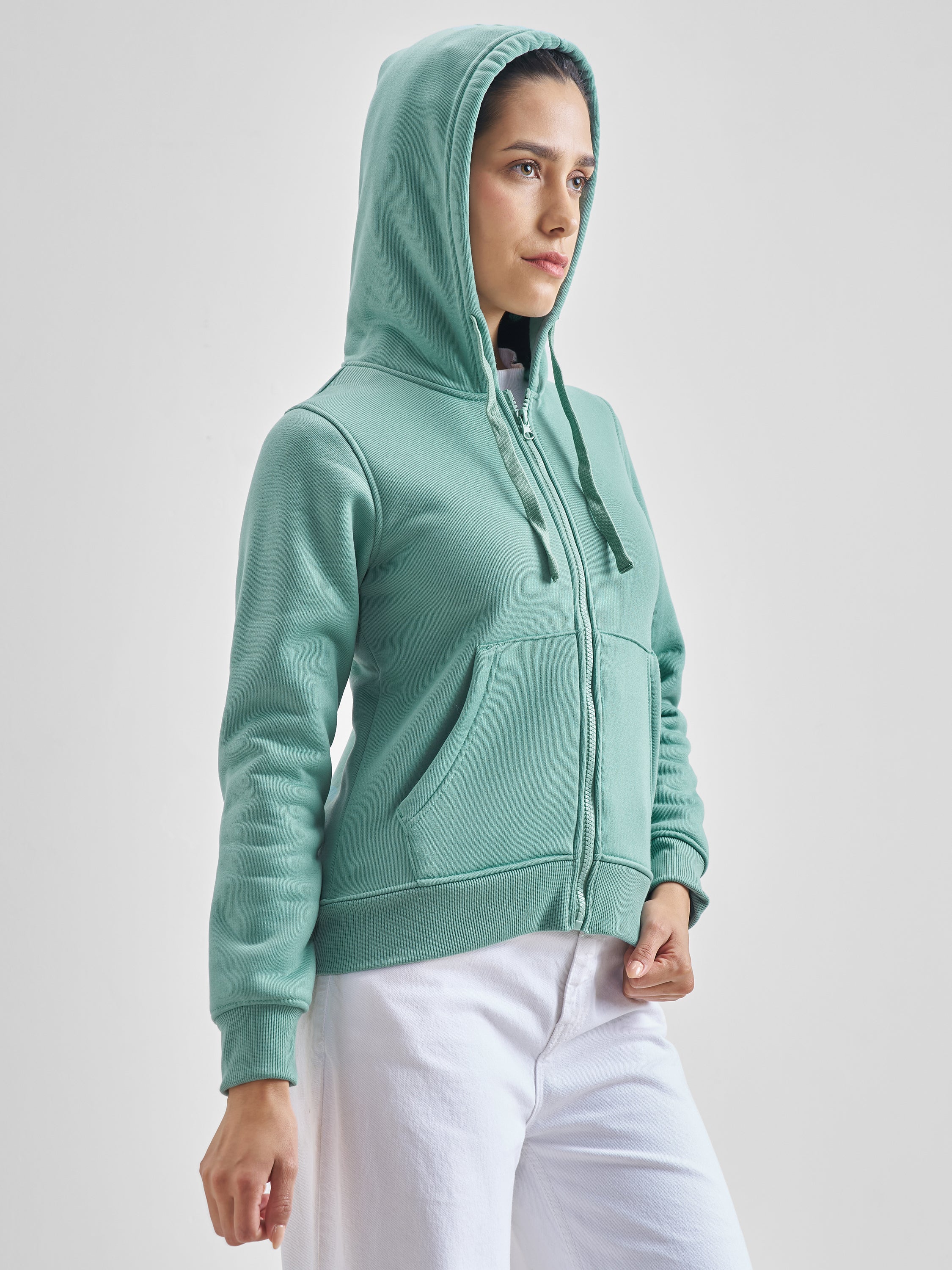 Tokyo Talkies Women Green Solid Front Open Hood Sweatshirt - Green - Image 6