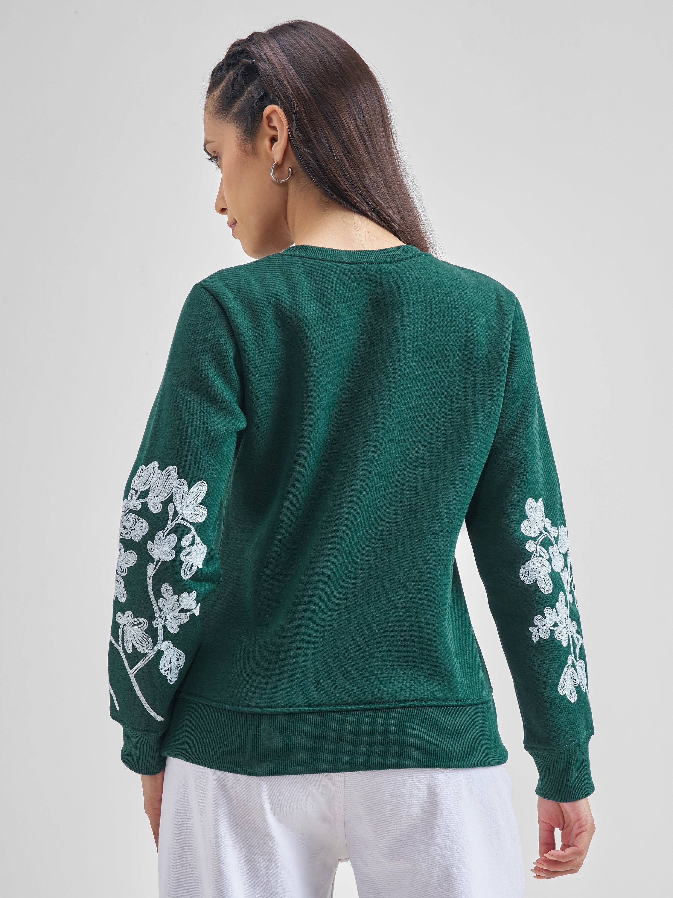 Tokyo Talkies Women Green Solid Pullover Round Neck Sweatshirt - Green - Image 3