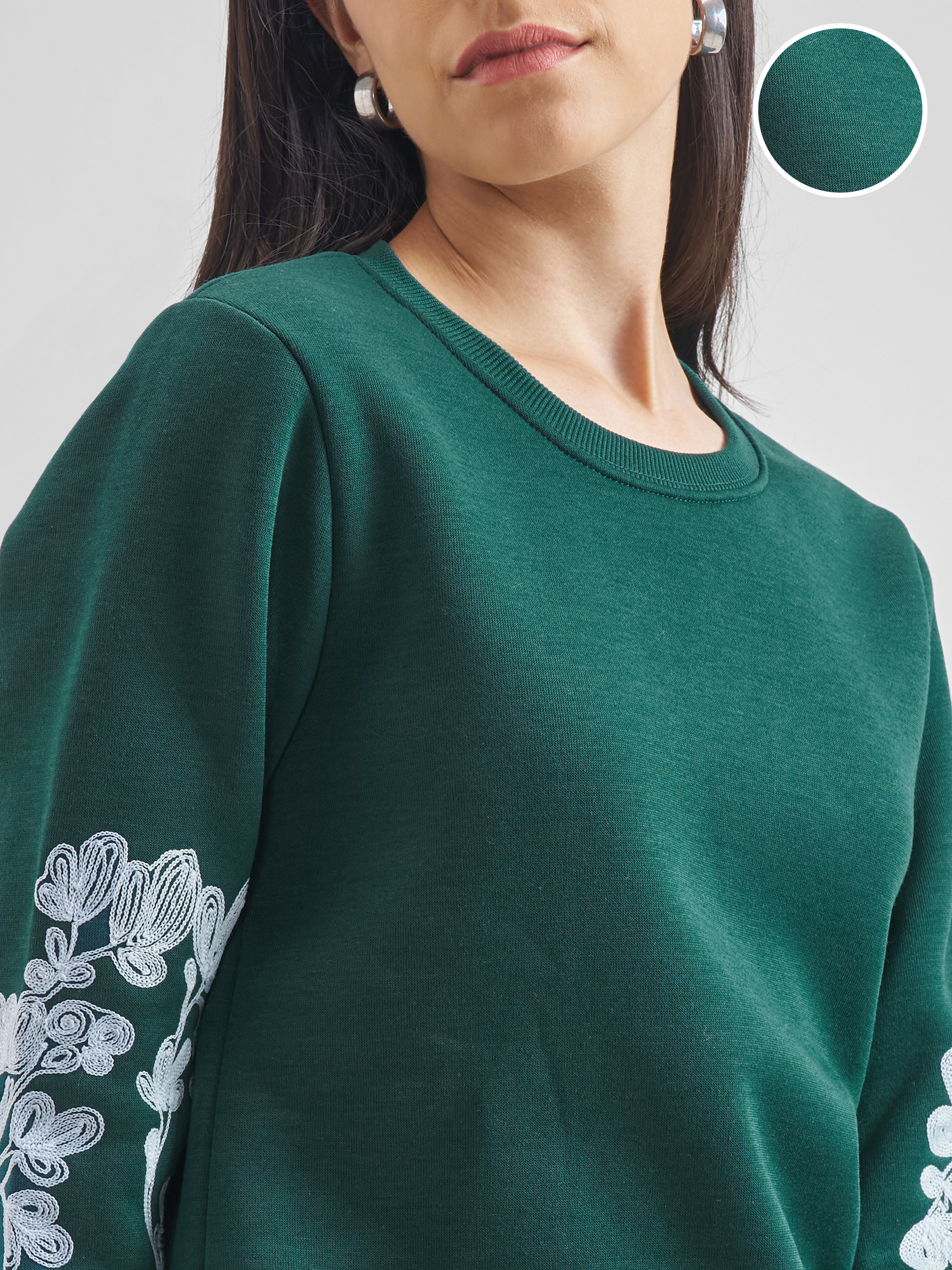 Tokyo Talkies Women Green Solid Pullover Round Neck Sweatshirt - Green - Image 5