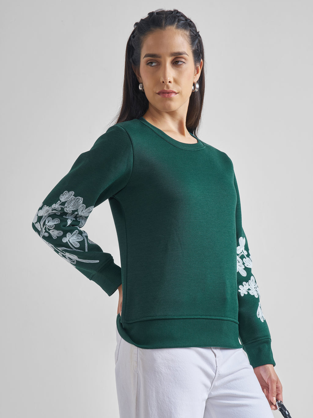 Tokyo Talkies Women Green Solid Pullover Round Neck Sweatshirt - Green - Image 6