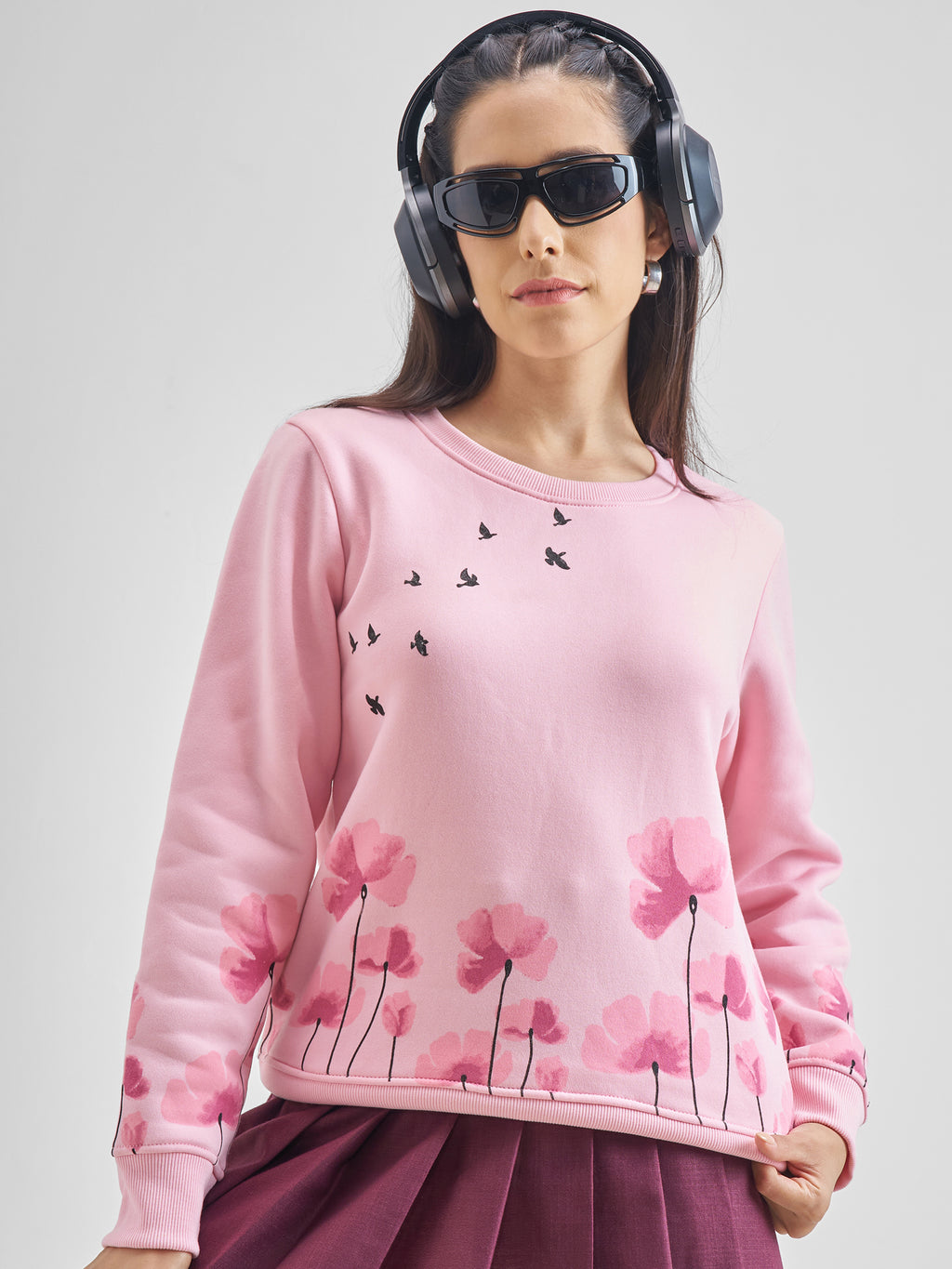 Tokyo Talkies Women Pink Printed Pullover Round Neck Sweatshirt - Pink - Image 1