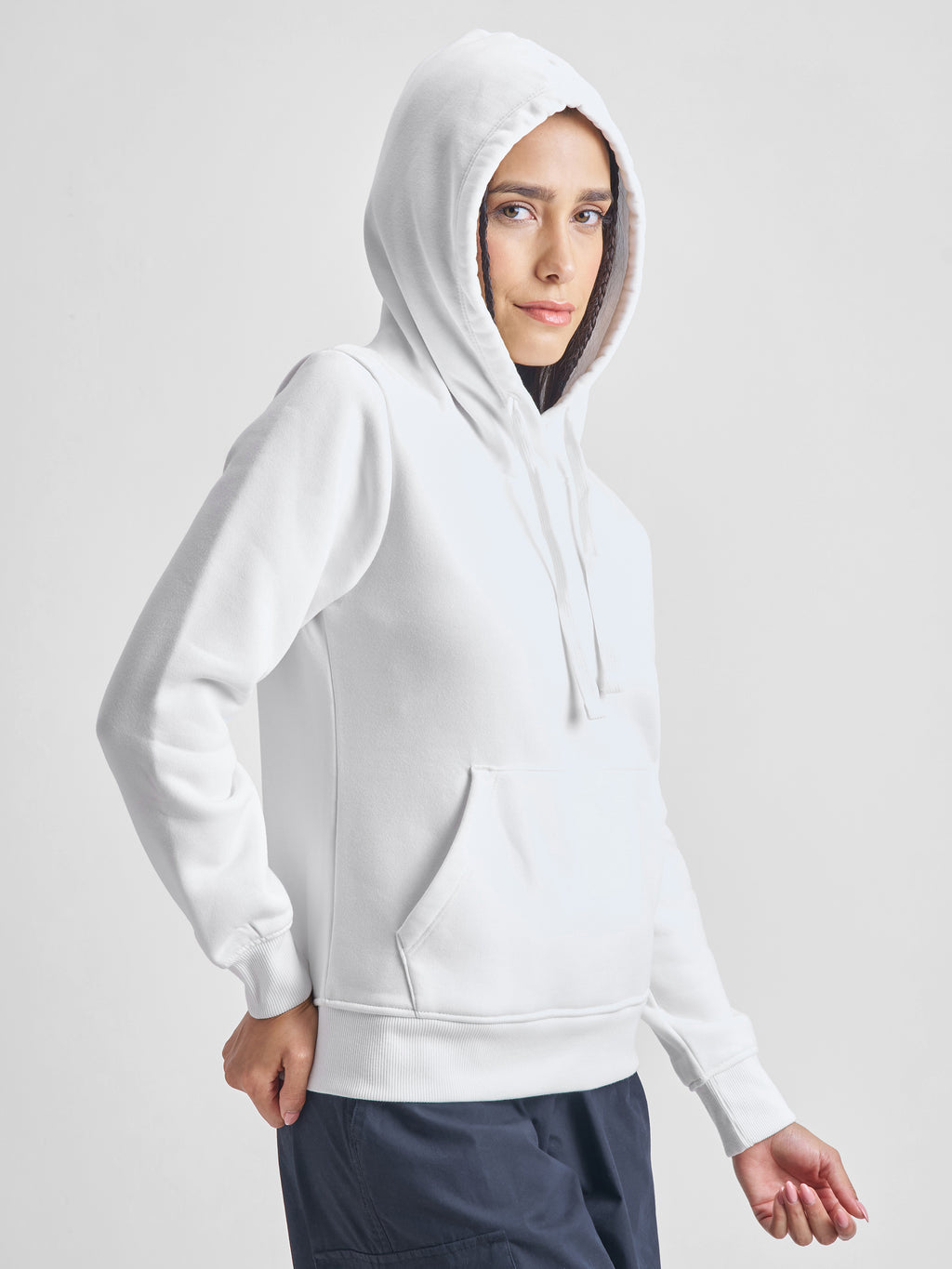 Tokyo Talkies Women White Solid Pullover Hood Sweatshirt - White - Image 6