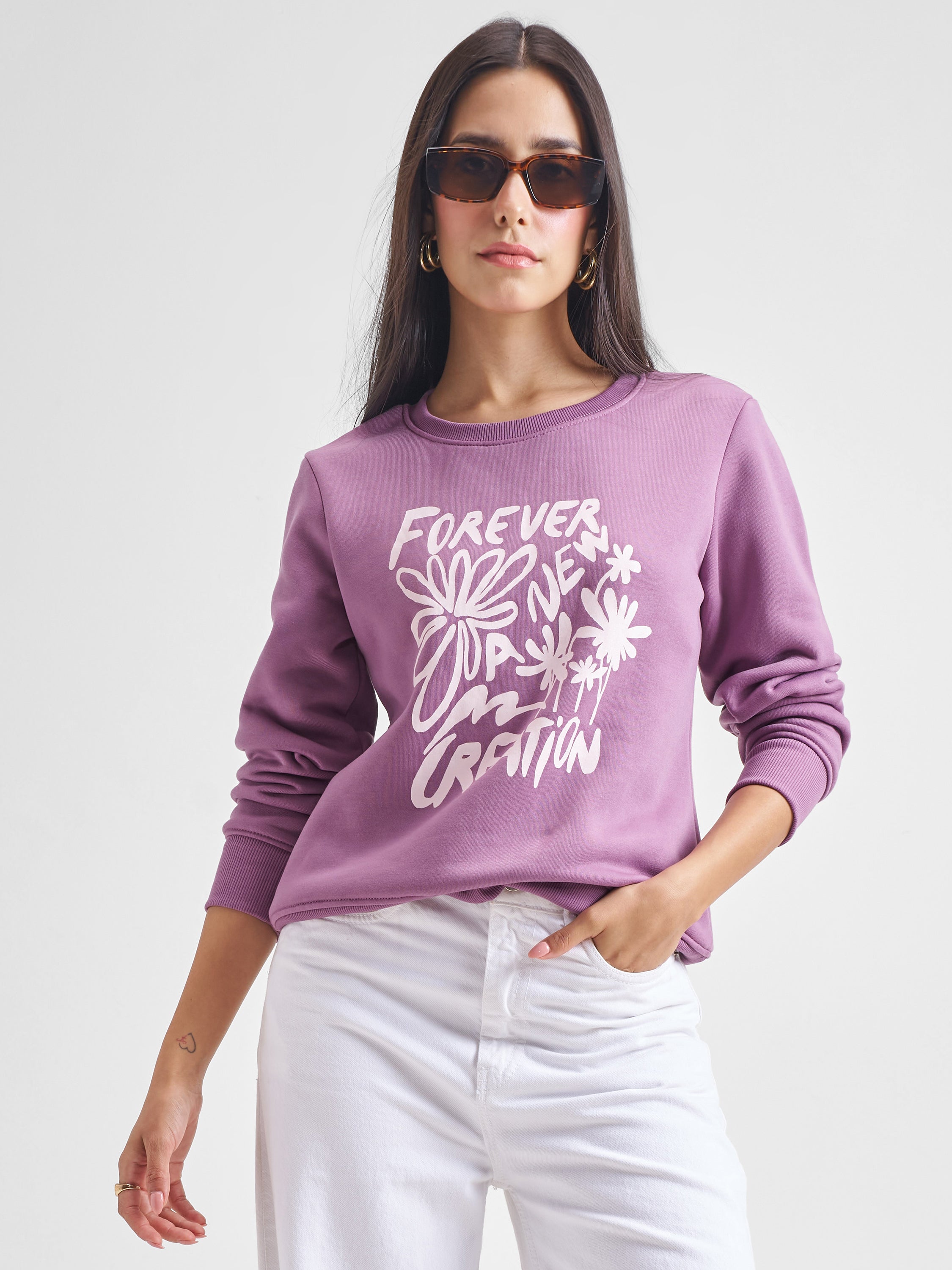 Tokyo Talkies Women Mauve Round Neck Long Sleeve Sweatshirt - Mauve - Image 1