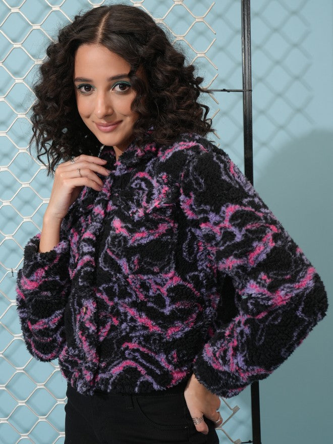 Tokyo Talkies Women White Printed Front Open Shirt Collar Sweatshirt - White - Image 4