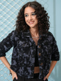 Tokyo Talkies Women Grey Printed Front Open Shirt Collar Sweatshirt - Grey - Image 1