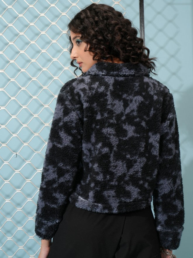 Tokyo Talkies Women Grey Printed Front Open Shirt Collar Sweatshirt - Grey - Image 3
