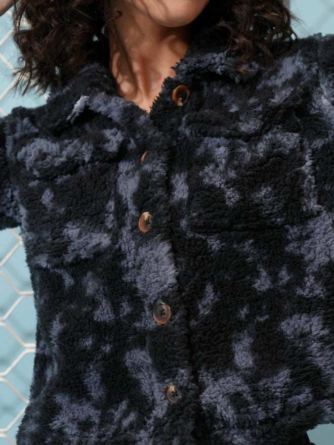Tokyo Talkies Women Grey Printed Front Open Shirt Collar Sweatshirt - Grey - Image 5