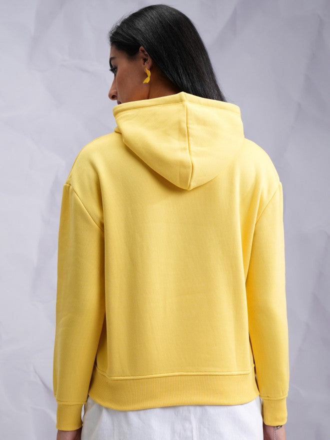 Tokyo Talkies Women Yellow Solid Pullover Hood Sweatshirt - Yellow - Image 3