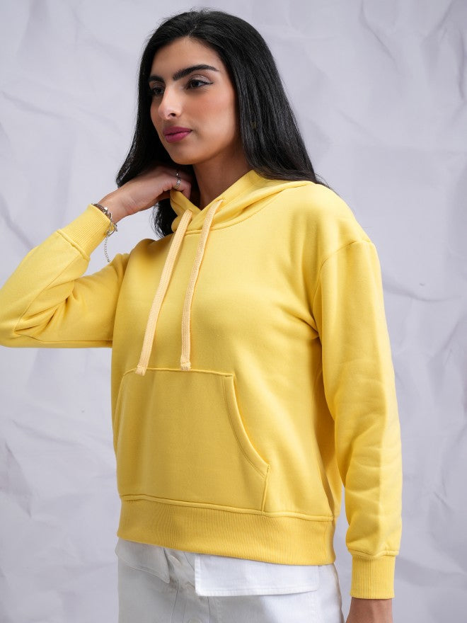 Tokyo Talkies Women Yellow Solid Pullover Hood Sweatshirt - Yellow - Image 4