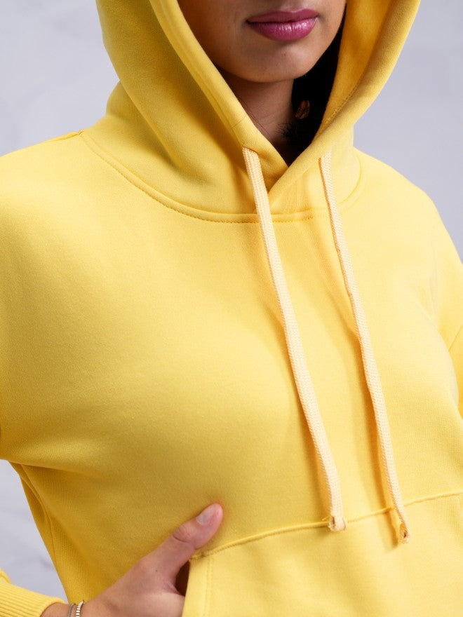 Tokyo Talkies Women Yellow Solid Pullover Hood Sweatshirt - Yellow - Image 5