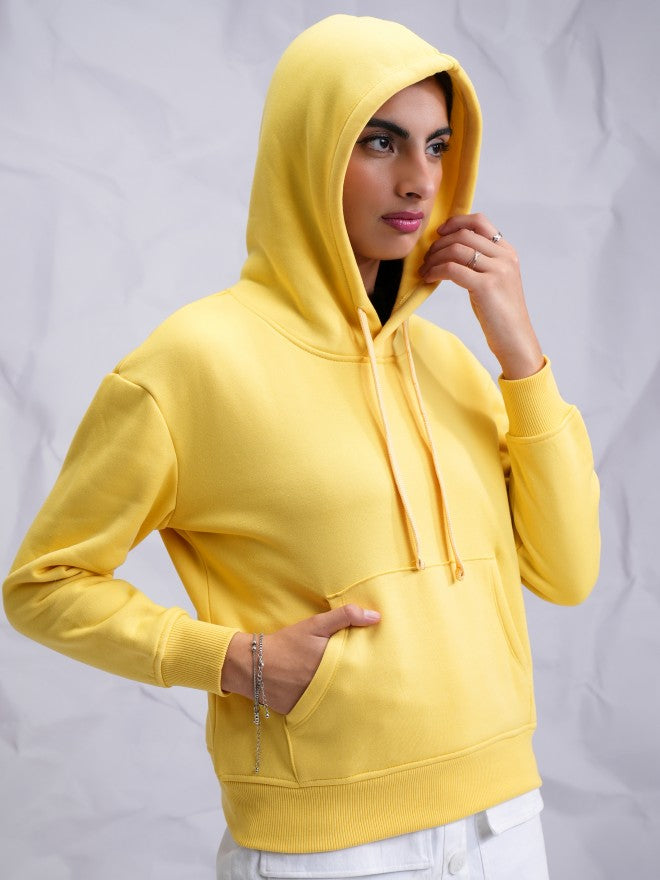 Tokyo Talkies Women Yellow Solid Pullover Hood Sweatshirt - Yellow - Image 6
