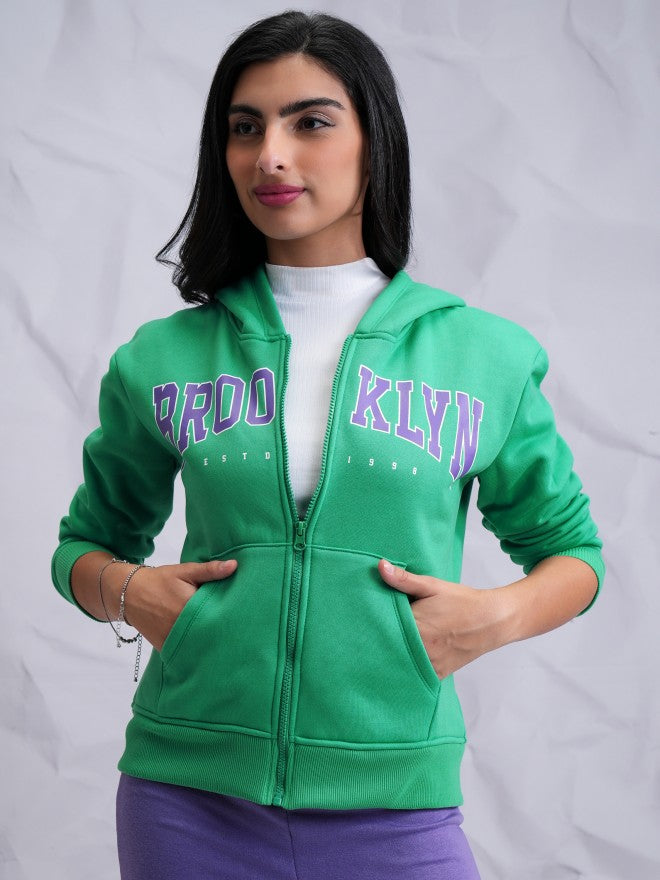 Tokyo Talkies Women Green Printed Front Open Hood Sweatshirt - Green - Image 1