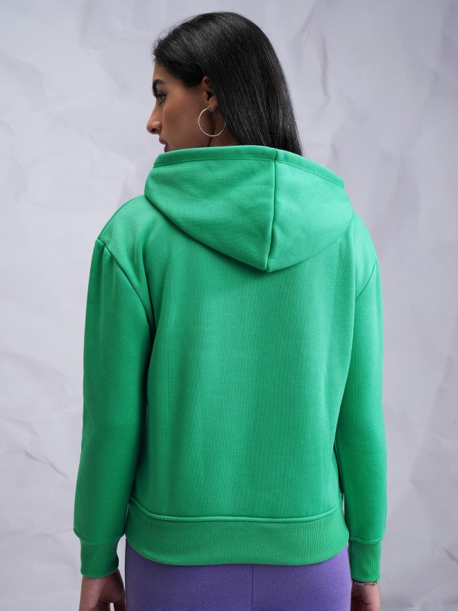 Tokyo Talkies Women Green Printed Front Open Hood Sweatshirt - Green - Image 3