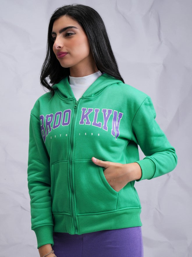 Tokyo Talkies Women Green Printed Front Open Hood Sweatshirt - Green - Image 4