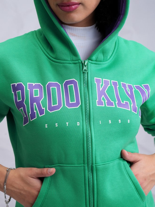 Tokyo Talkies Women Green Printed Front Open Hood Sweatshirt - Green - Image 5