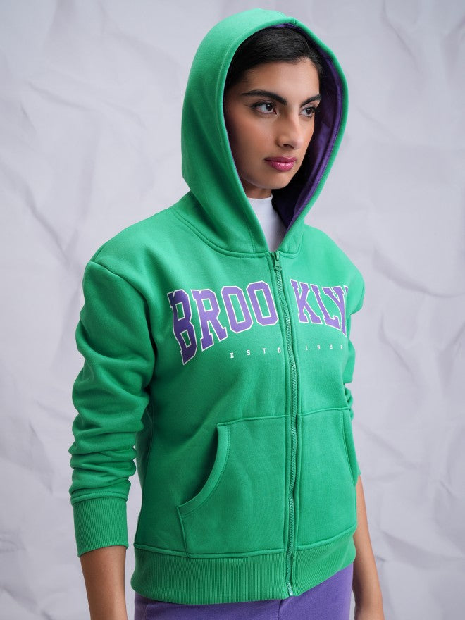 Tokyo Talkies Women Green Printed Front Open Hood Sweatshirt - Green - Image 6