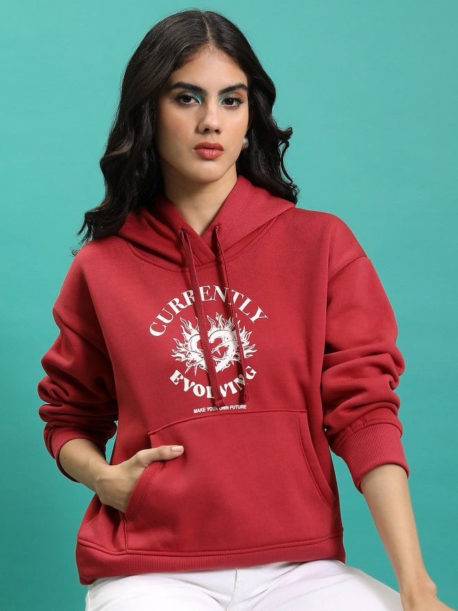 Tokyo Talkies Women Red Printed Pullover Hood Sweatshirt - Red - Image 1