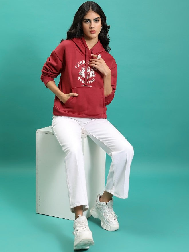 Tokyo Talkies Women Red Printed Pullover Hood Sweatshirt - Red - Image 2