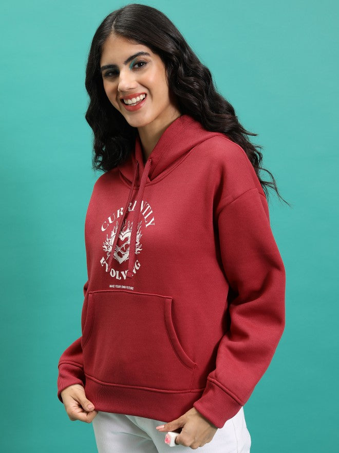 Tokyo Talkies Women Red Printed Pullover Hood Sweatshirt - Red - Image 4