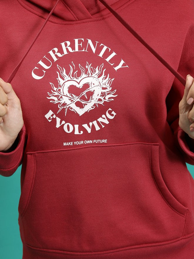 Tokyo Talkies Women Red Printed Pullover Hood Sweatshirt - Red - Image 5